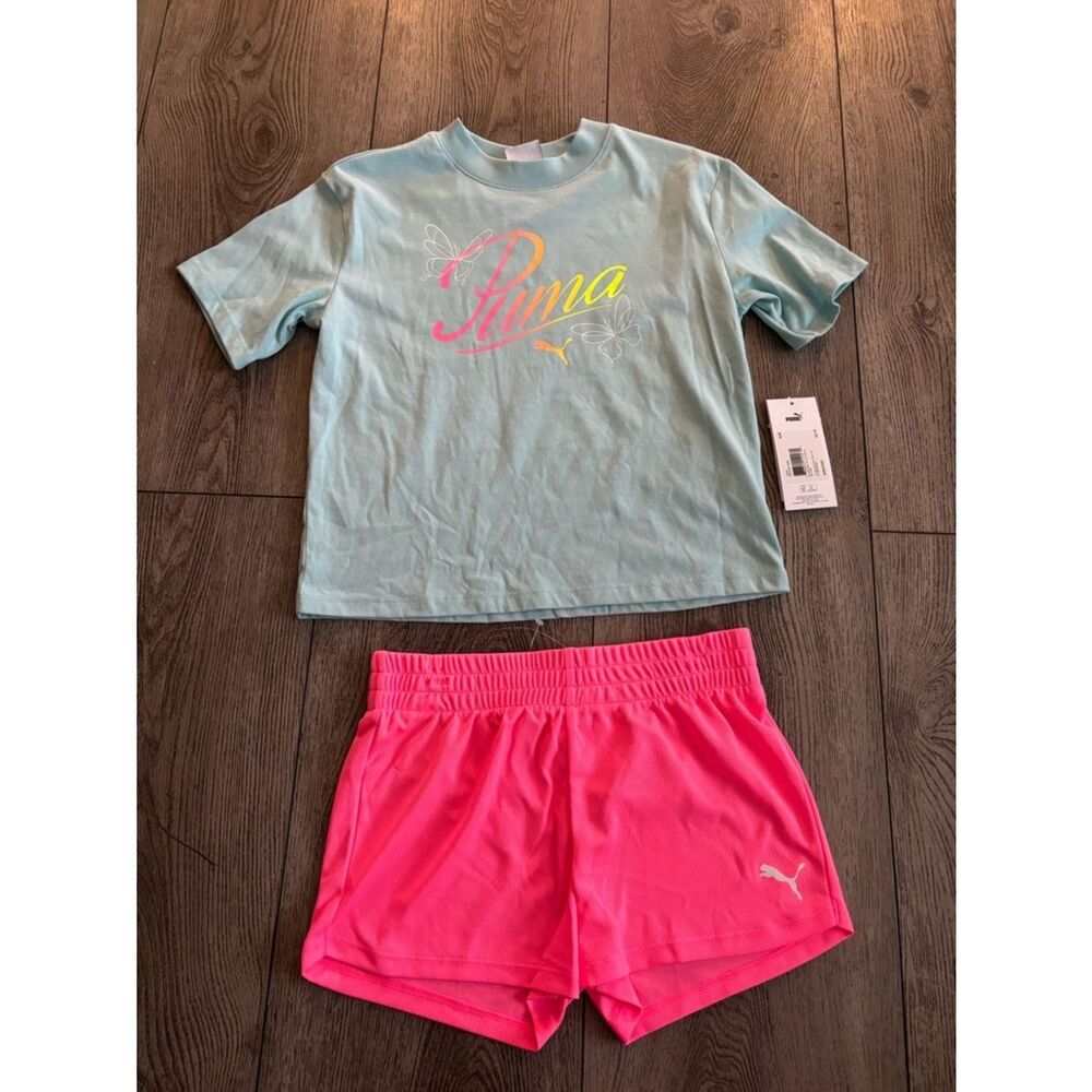Puma Kids Two-Piece Pajama Set in Light Blue and Hot Pink